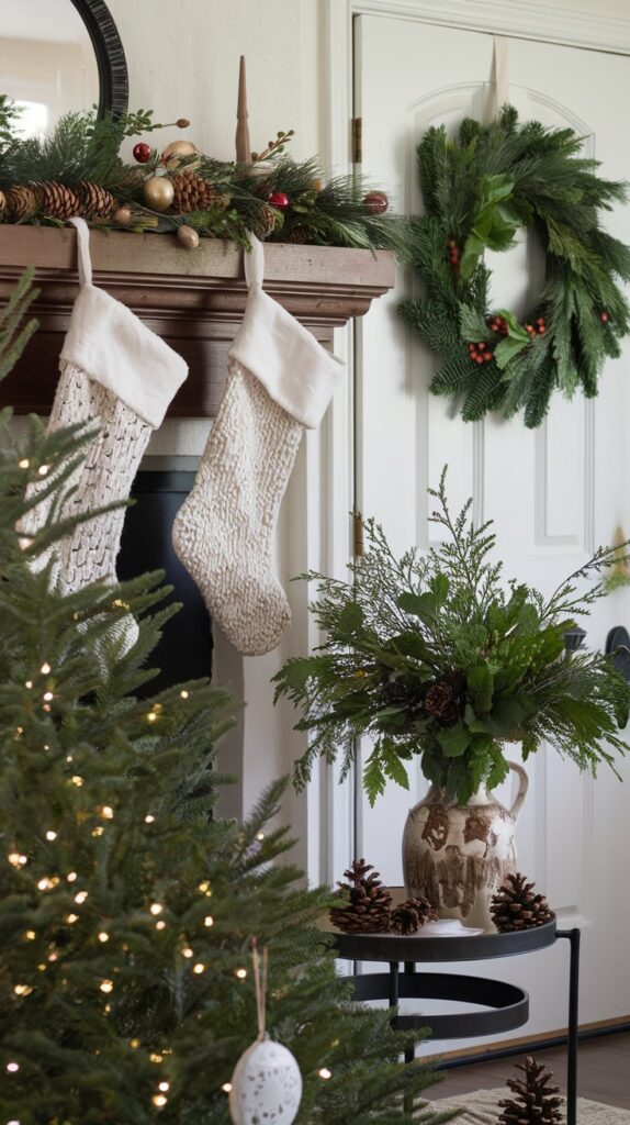 How can I incorporate natural elements like pinecones and greenery into my living room Christmas decor?