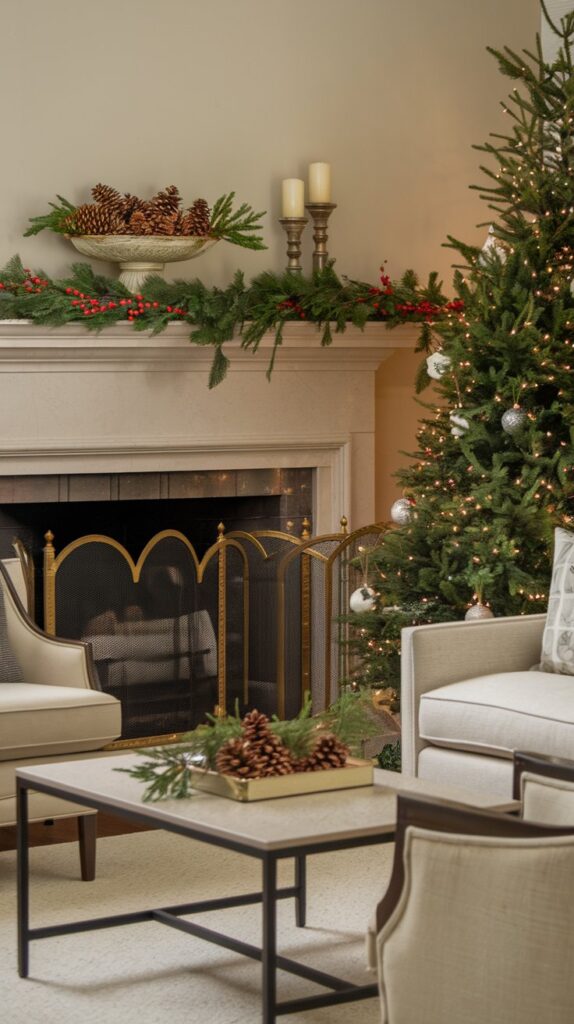 How can I incorporate natural elements like pinecones and greenery into my living room Christmas decor?