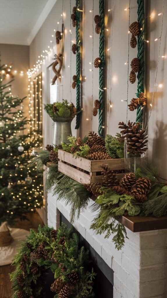 How can I incorporate natural elements like pinecones and greenery into my living room Christmas decor?