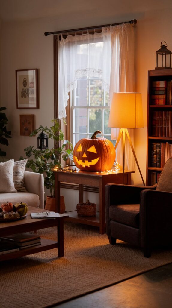 How can pumpkin carving be styled to match a cozy fall-themed living room?