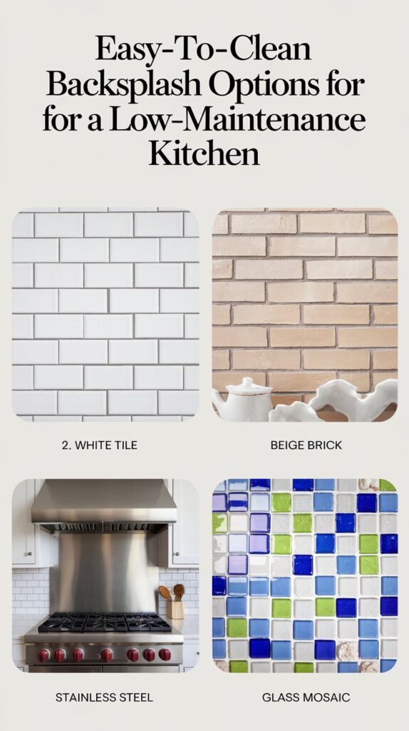 What are some easy-to-clean backsplash options for a low-maintenance kitchen?