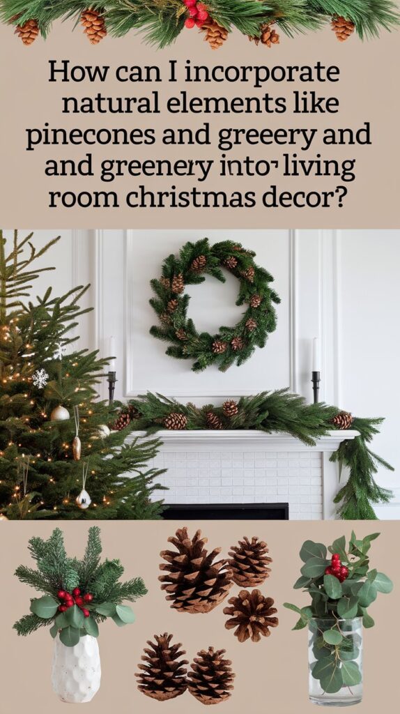 How can I incorporate natural elements like pinecones and greenery into my living room Christmas decor?