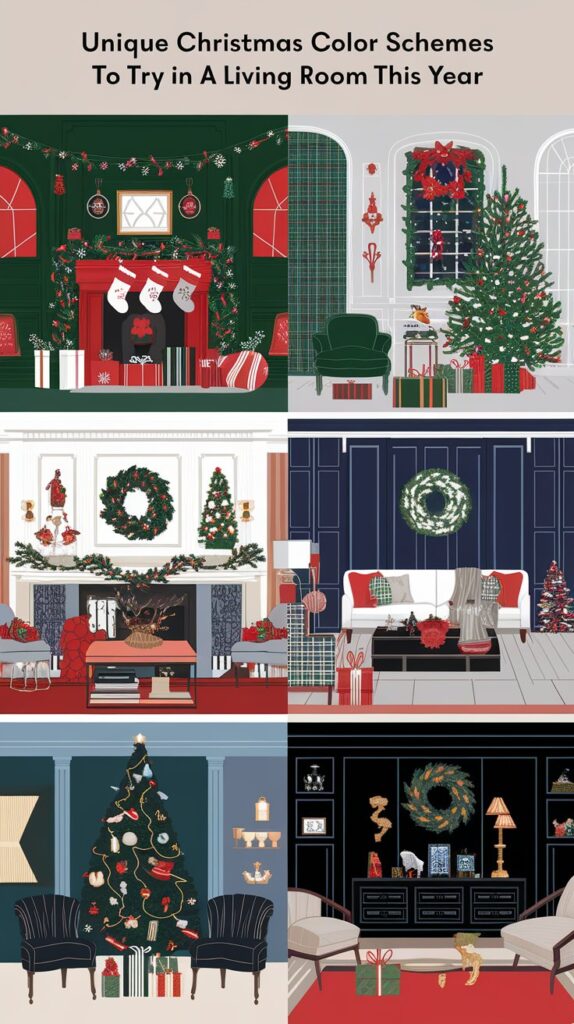 What are some unique Christmas color schemes to try in a living room this year?