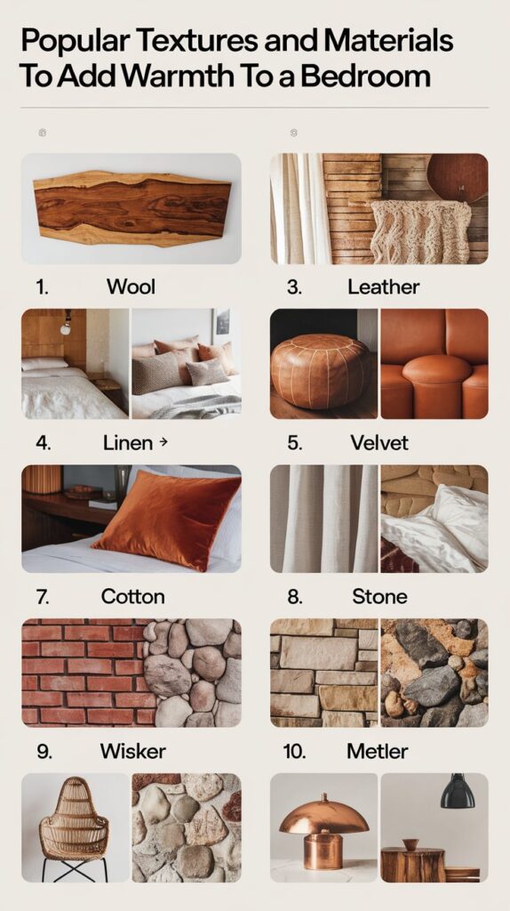 What are some popular textures and materials to add warmth to a bedroom?