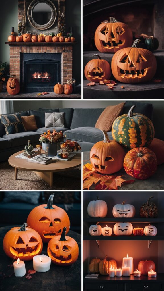 How can pumpkin carving be styled to match a cozy fall-themed living room?