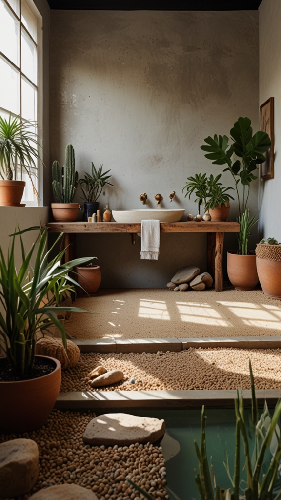 How do you incorporate greenery or natural elements into bathroom design?