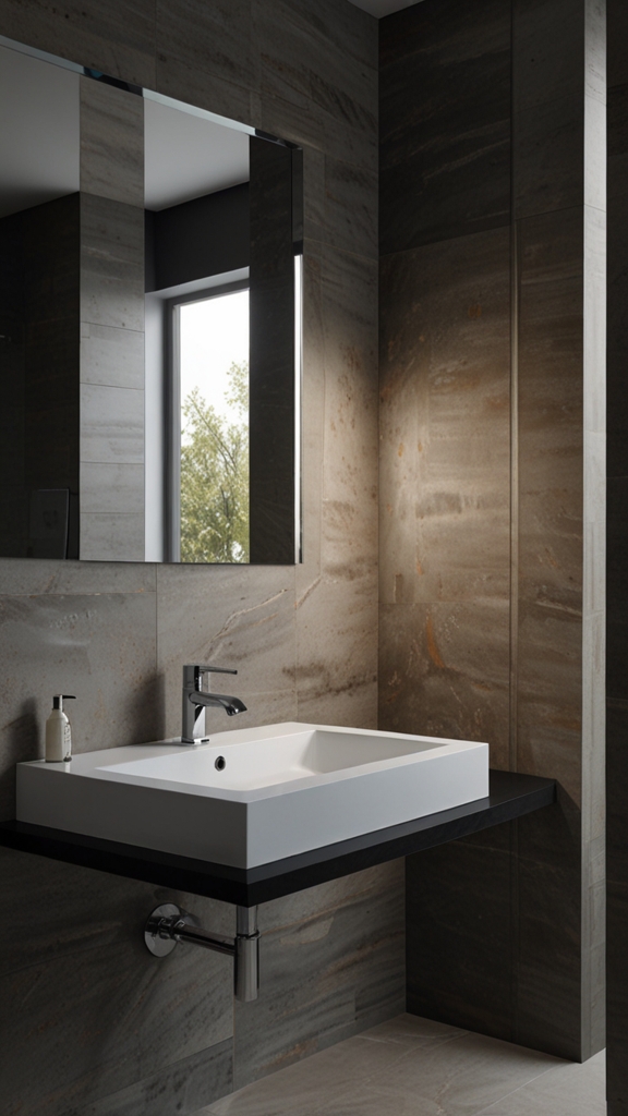 What are the key features of a minimalist bathroom design?