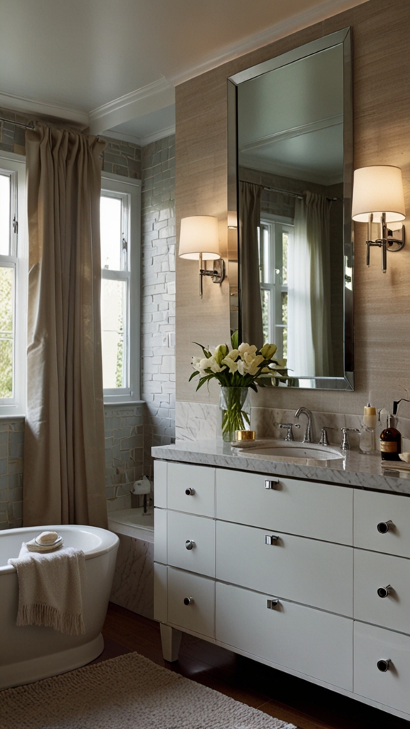 How can mirrors be used creatively in bathroom decor?