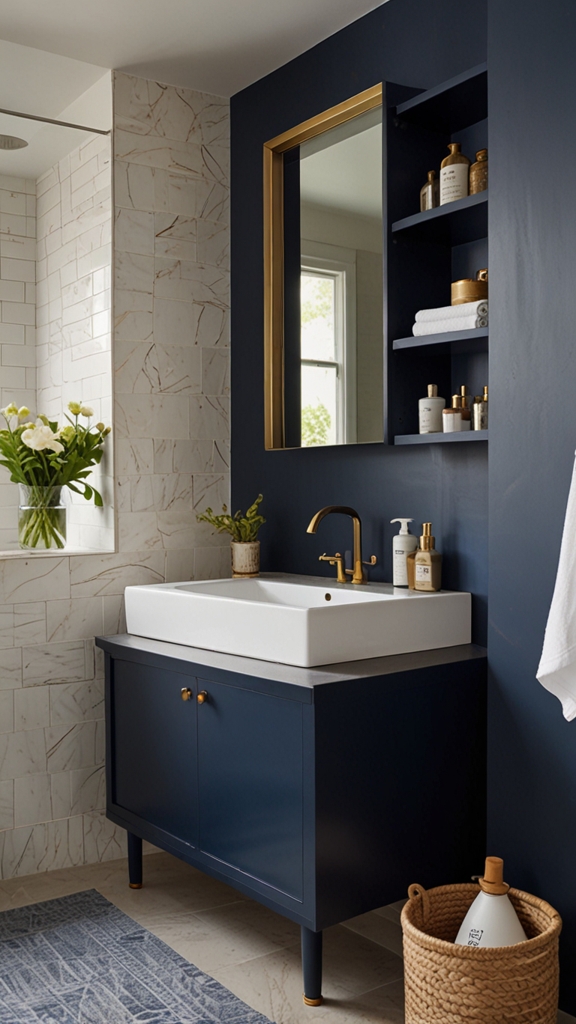 What are the key features of a minimalist bathroom design?