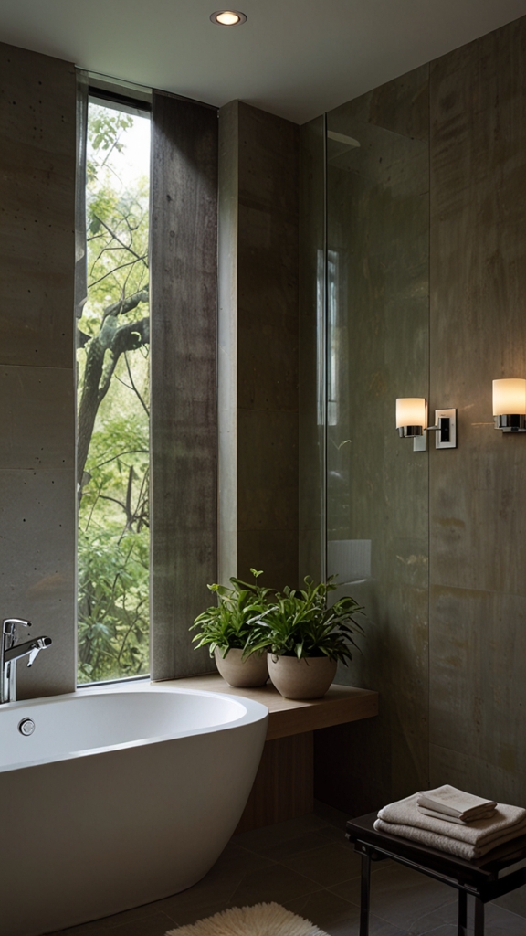 How do you incorporate greenery or natural elements into bathroom design?