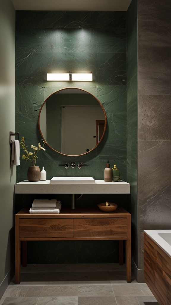 What are the key features of a minimalist bathroom design?
