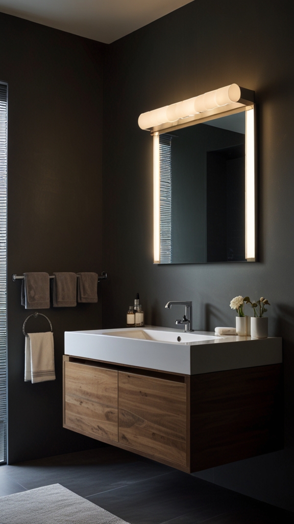 What are the key features of a minimalist bathroom design?
