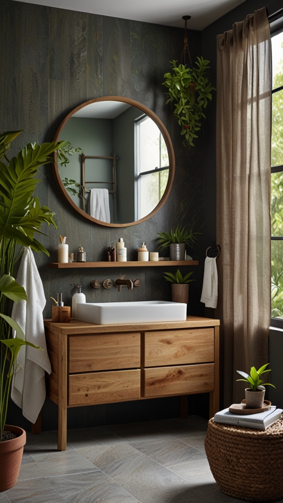 How do you incorporate greenery or natural elements into bathroom design?