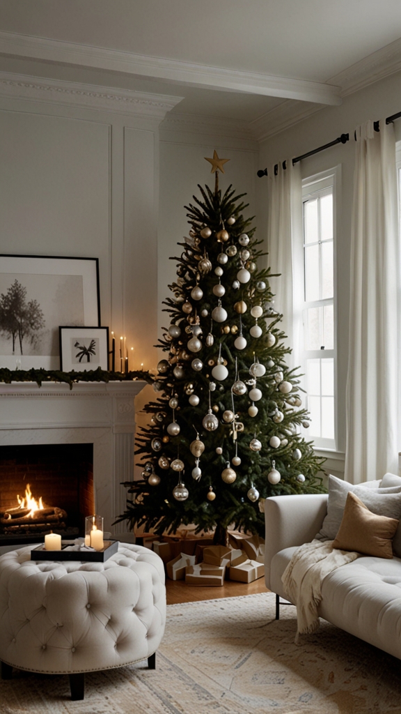 How can I create a modern and minimalist Christmas look for my living room?