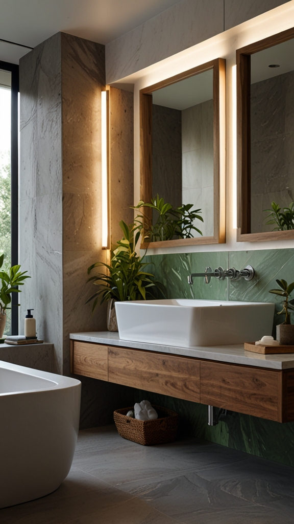 How do you incorporate greenery or natural elements into bathroom design?