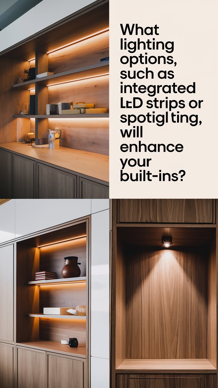 What lighting options, such as integrated LED strips or spotlighting, will enhance your built-ins?