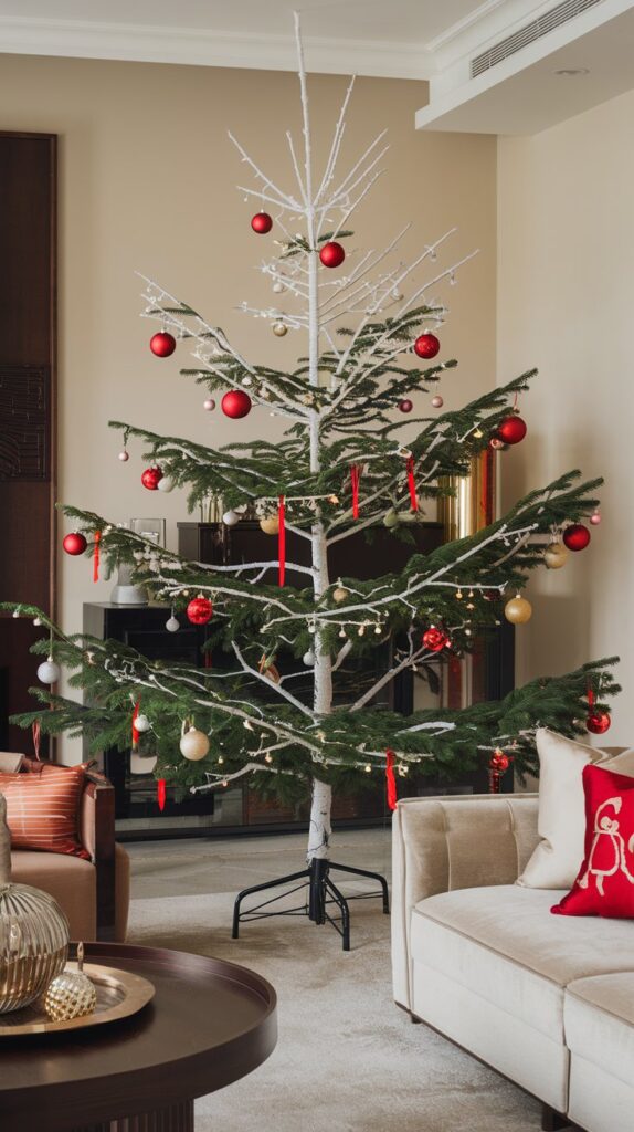 What are some creative ways to decorate a Christmas tree to match my living room style?