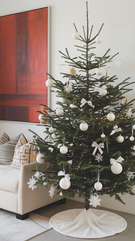 What are some creative ways to decorate a Christmas tree to match my living room style?