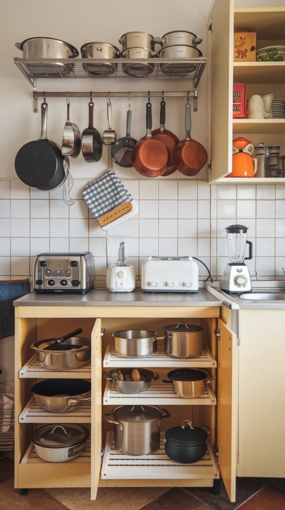 What storage solutions do I need to accommodate my cookware and appliances?