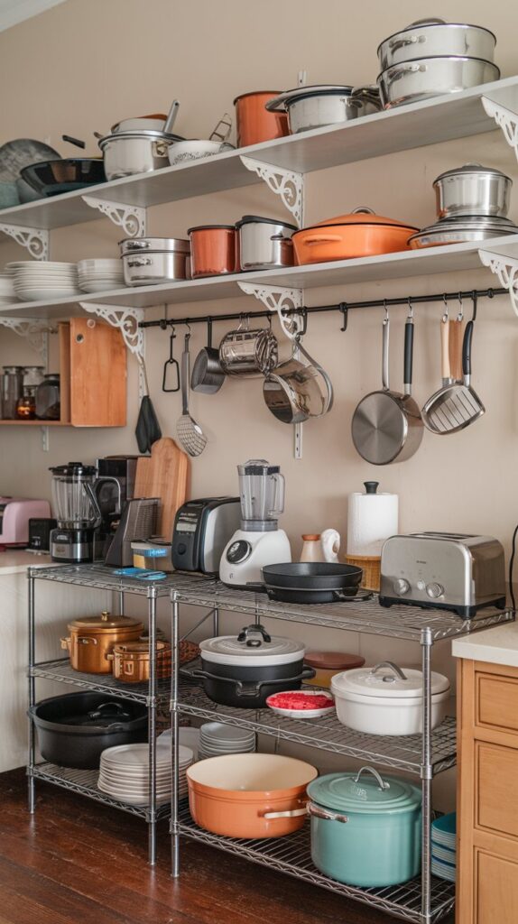 What storage solutions do I need to accommodate my cookware and appliances?