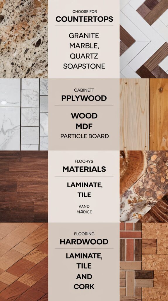 Which materials should I choose for countertops, cabinets, and flooring?