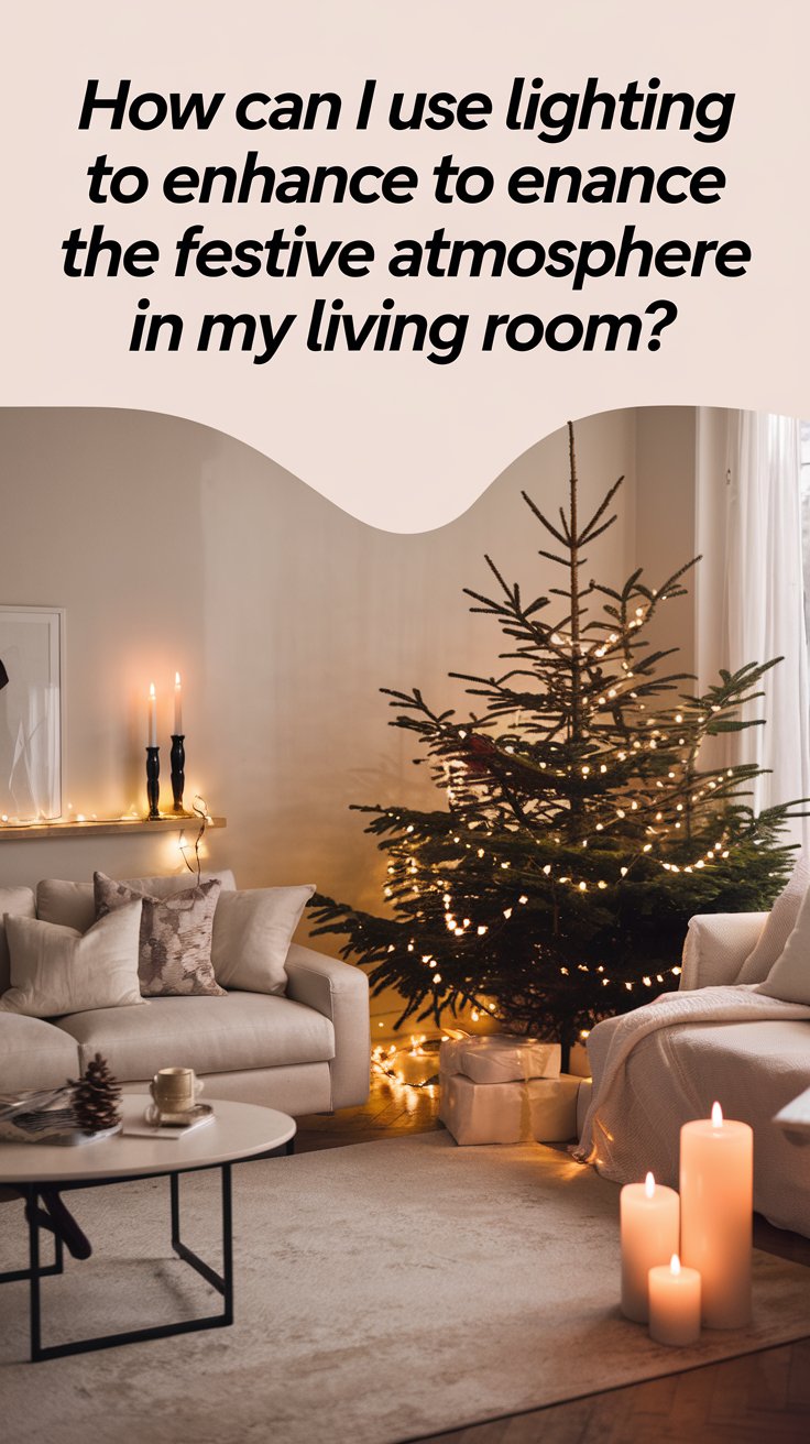 How can I use lighting to enhance the festive atmosphere in my living room?