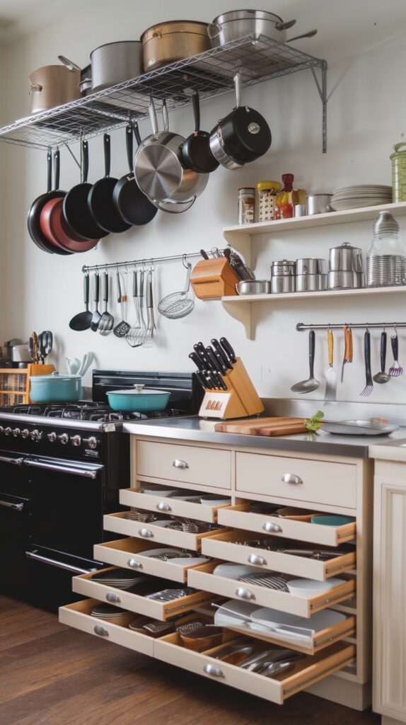 What storage solutions do I need to accommodate my cookware and appliances?