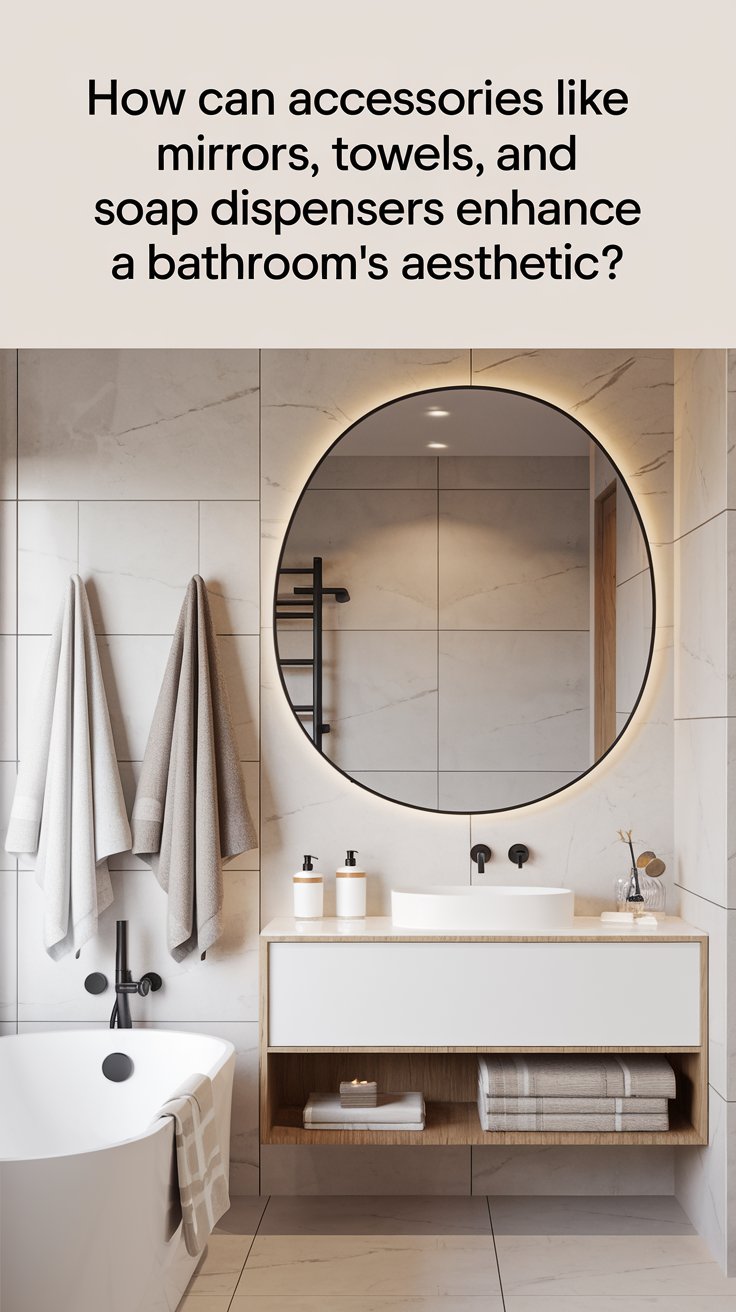 How can accessories like mirrors, towels, and soap dispensers enhance a bathroom’s aesthetic?