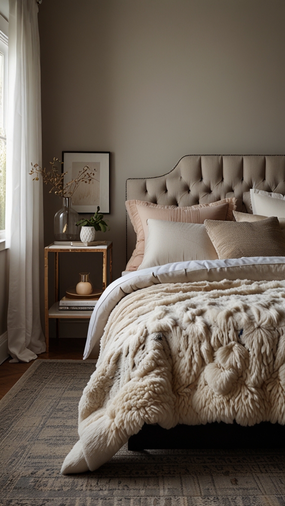 How can I incorporate a cozy yet minimalist vibe into my bedroom decor?