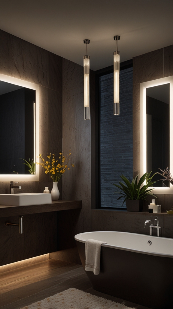 How do lighting choices impact the overall feel and functionality of a bathroom design?