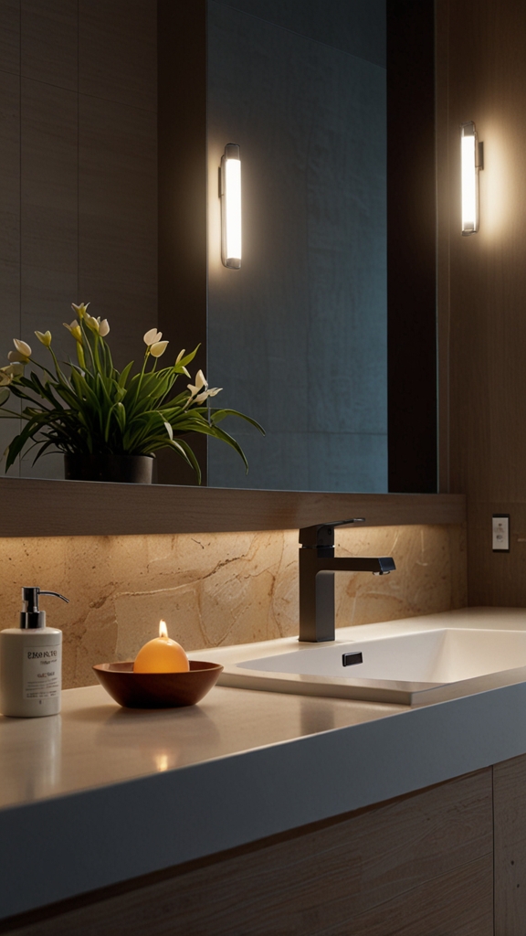 How do lighting choices impact the overall feel and functionality of a bathroom design?