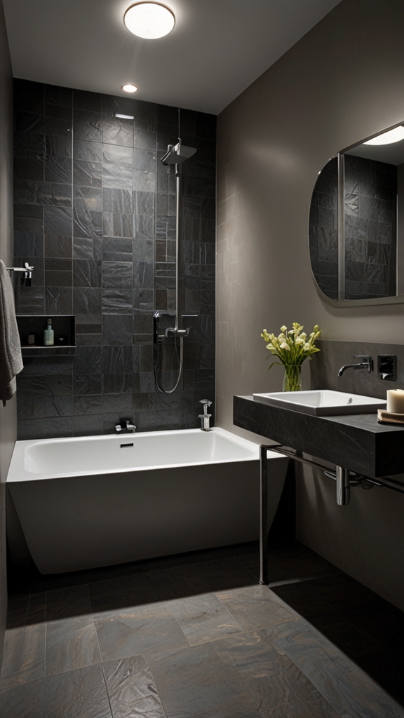 How do lighting choices impact the overall feel and functionality of a bathroom design?