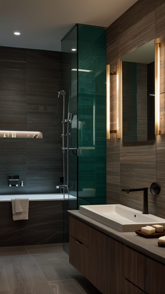 How do lighting choices impact the overall feel and functionality of a bathroom design?