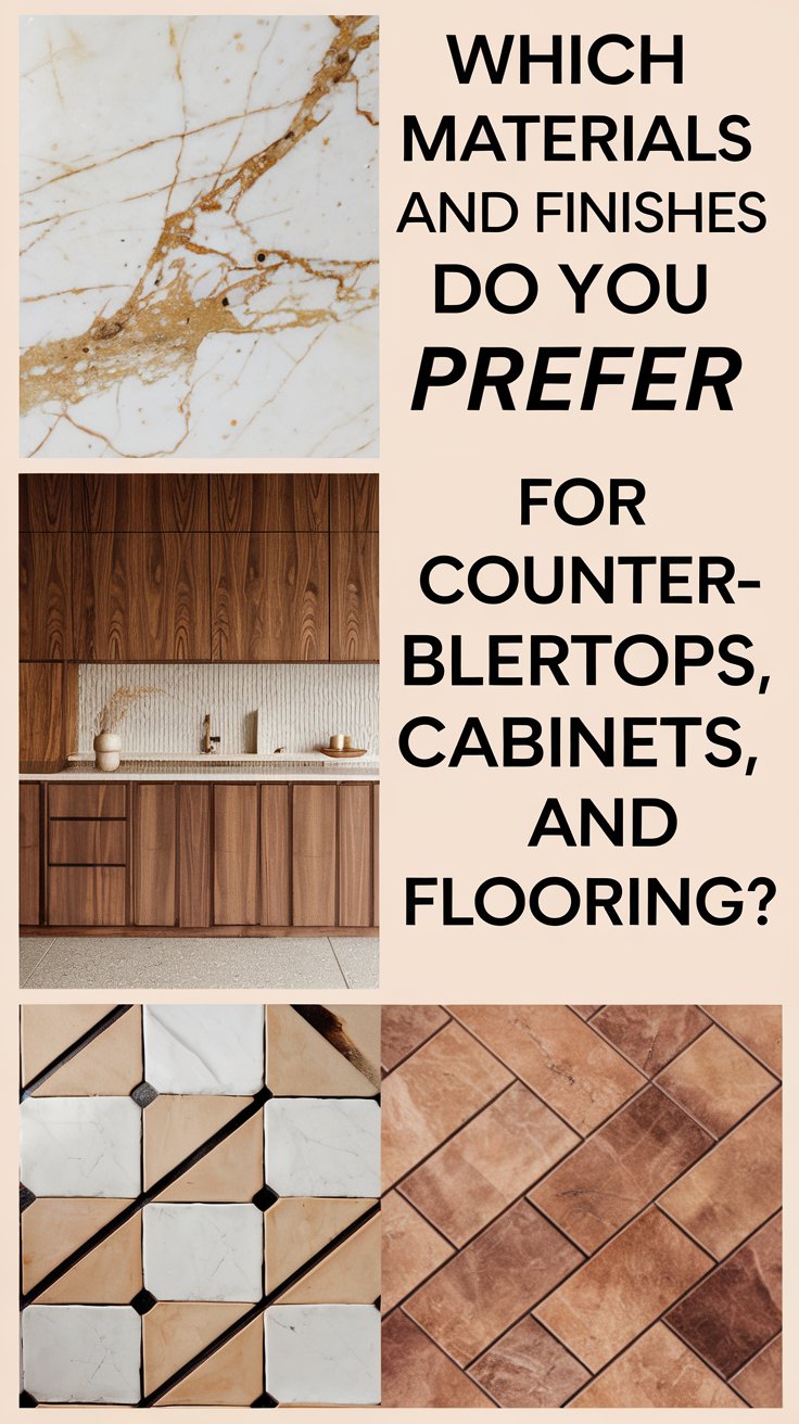 Which materials and finishes do you prefer for countertops, cabinets, and flooring