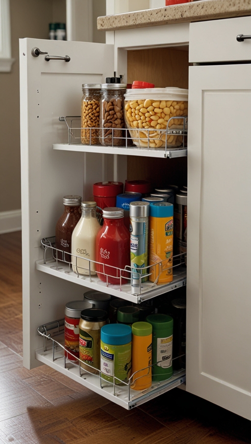 How will you incorporate storage solutions, such as pull-out shelves, deep drawers, or pantry space?