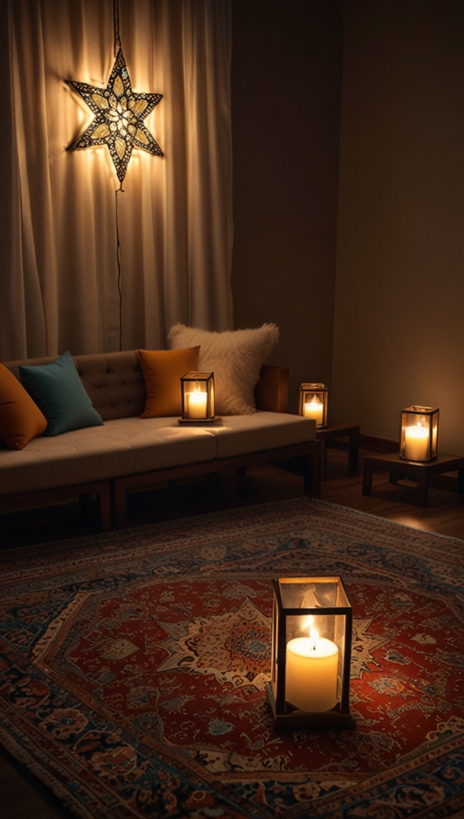 How can I create a cozy and spiritual Ramadan ambiance using lights and lanterns?