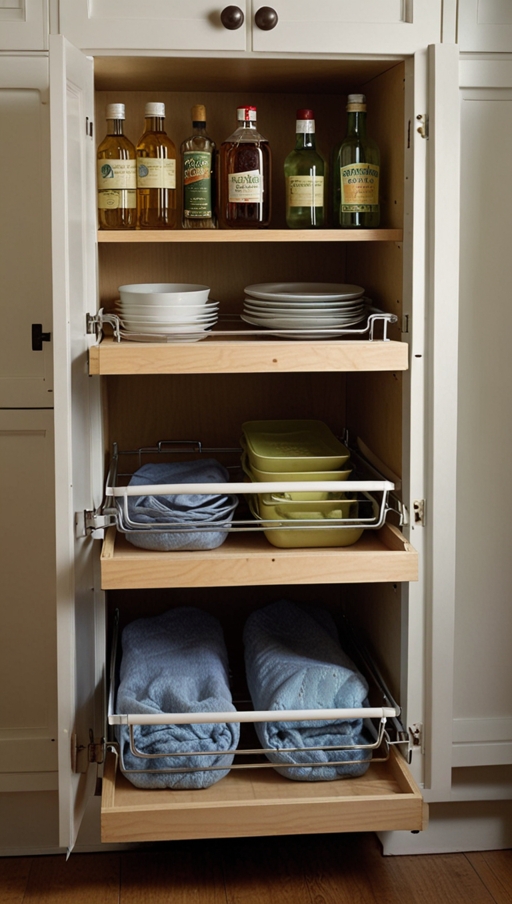 How will you incorporate storage solutions, such as pull-out shelves, deep drawers, or pantry space?