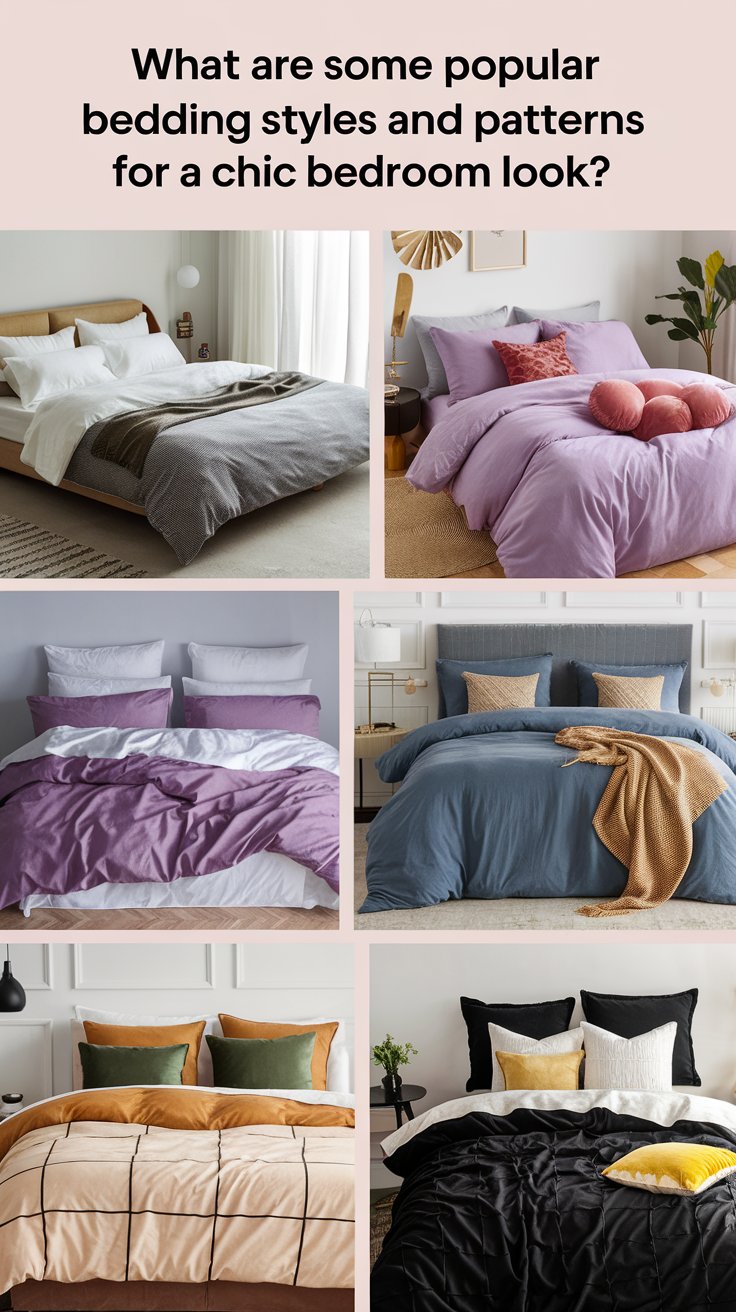 What are some popular bedding styles and patterns for a chic bedroom look?