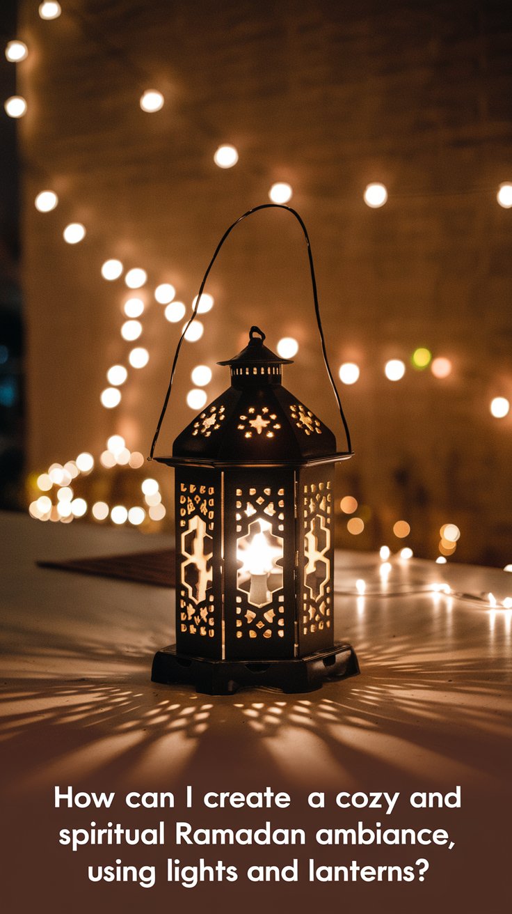 How can I create a cozy and spiritual Ramadan ambiance using lights and lanterns