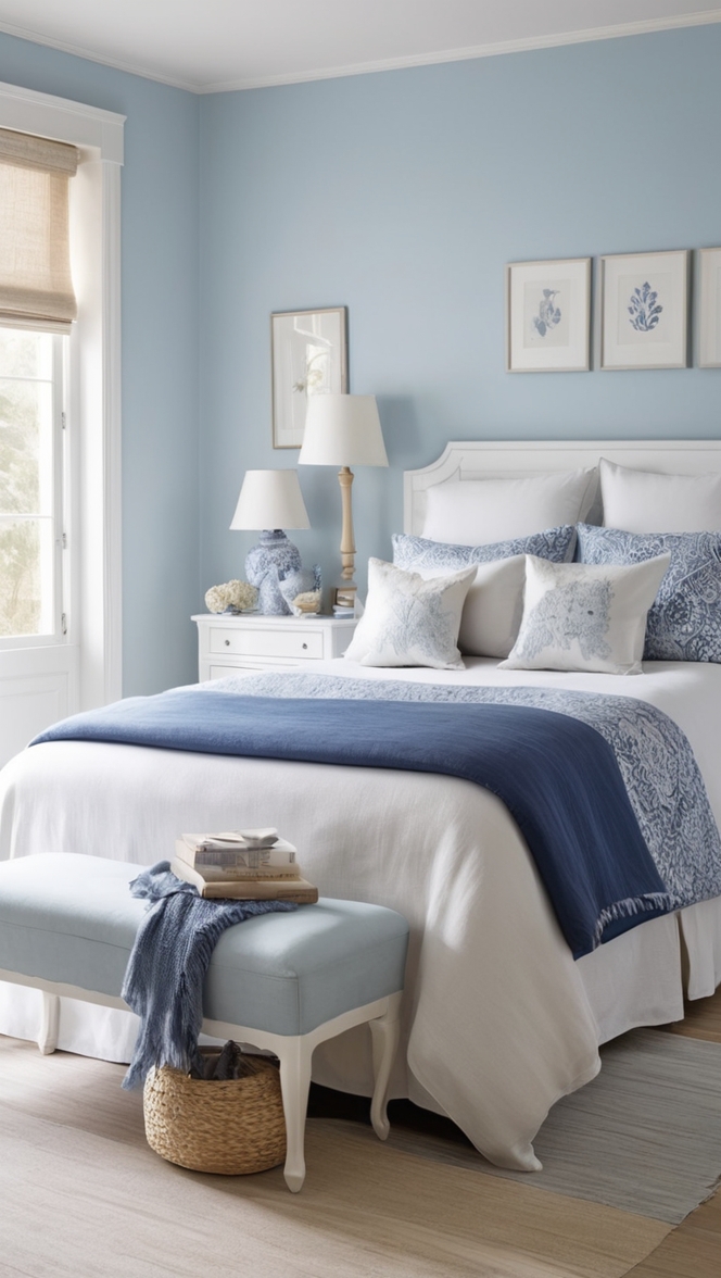 blue and white bedroom design, classic bedroom decor, blue and white bedding, elegant bedroom furniture, traditional bedroom style
