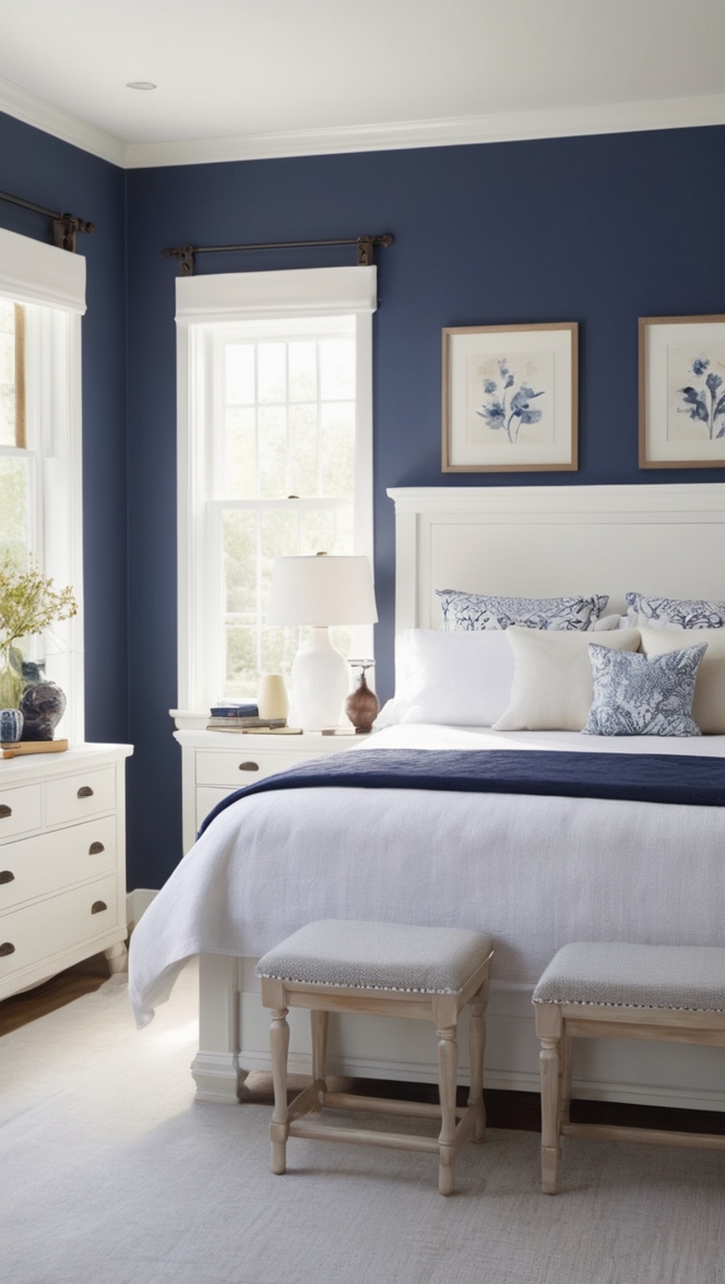 Navy blue bedroom decor, 
Navy blue furniture, 
White bedroom furniture, 
Nautical bedroom decor, 
Blue bedroom ideas