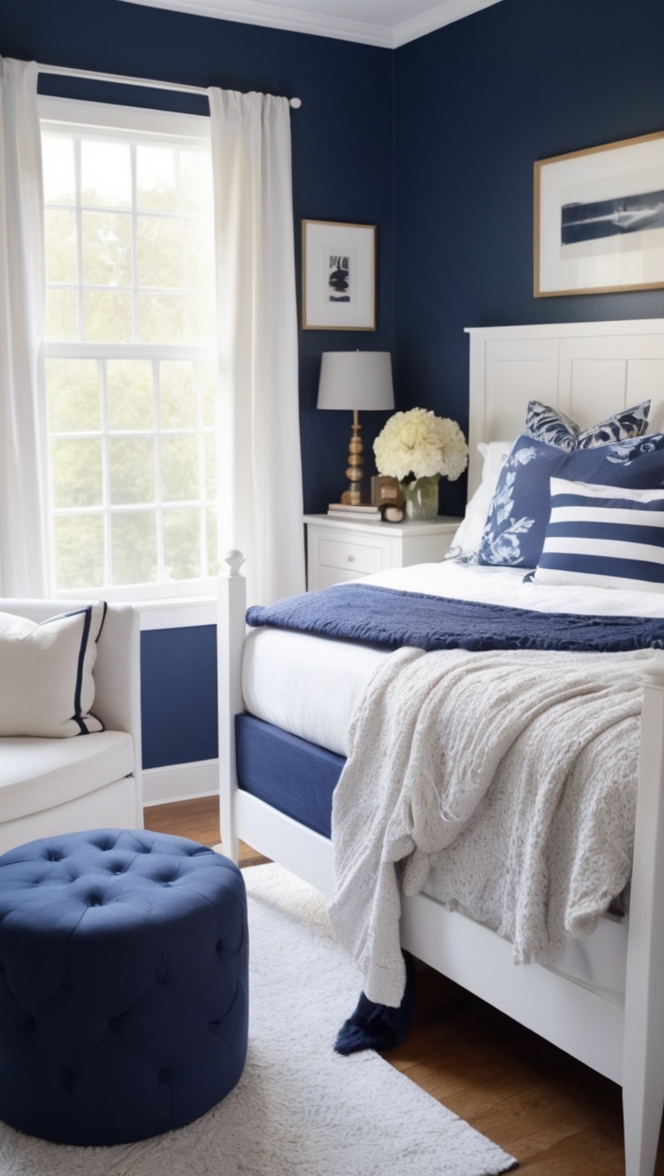 Navy blue bedroom decor, Navy blue furniture, White bedroom furniture, Nautical bedroom decor, Blue bedroom ideas