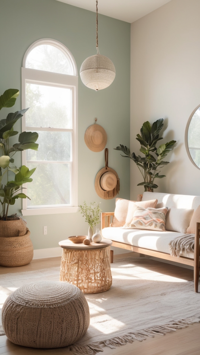 boho living room decor, boho chic furniture, minimalist home design, modern boho interior, bohemian home styling