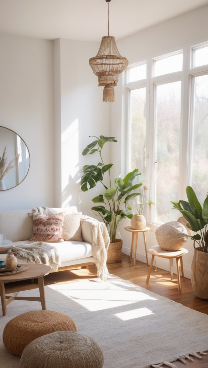 boho living room decor, boho chic furniture, minimalist home design, modern boho interior, bohemian home styling