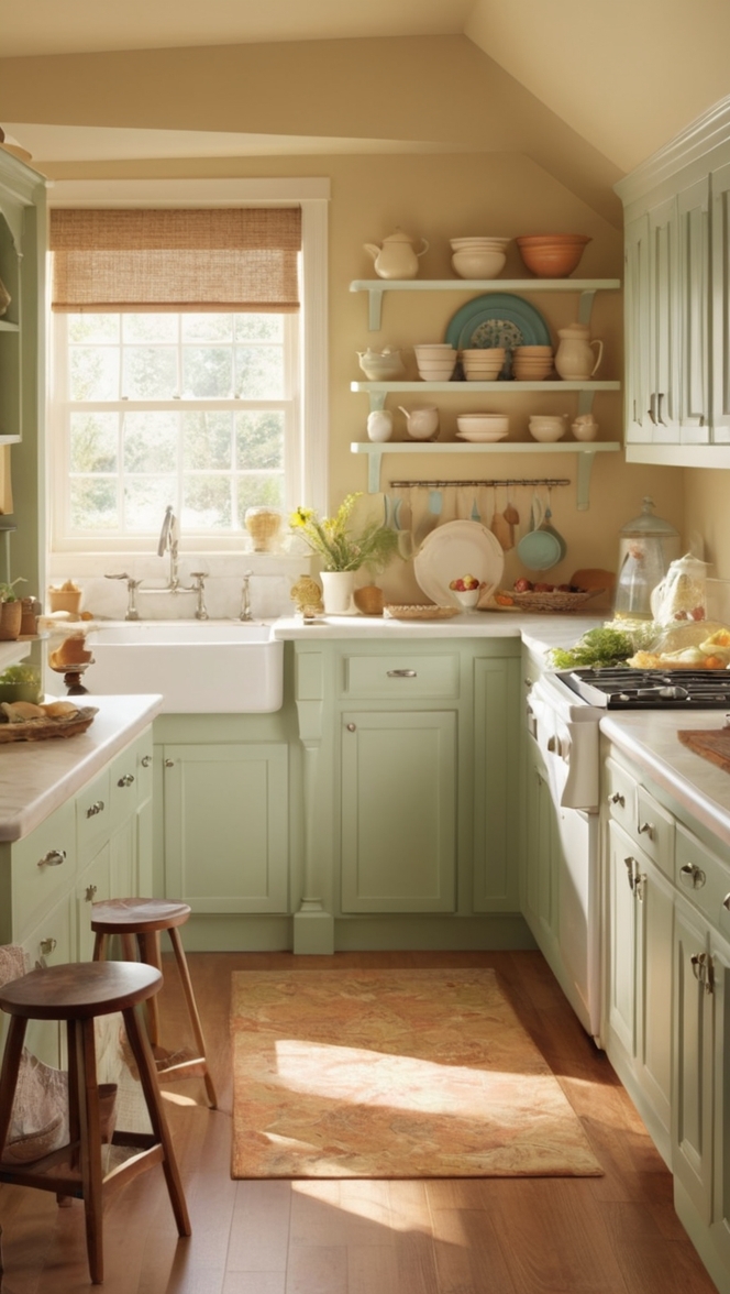 serene kitchen design, rustic farmhouse decor, charming country kitchen, modern cottage style, vintage kitchen accessories