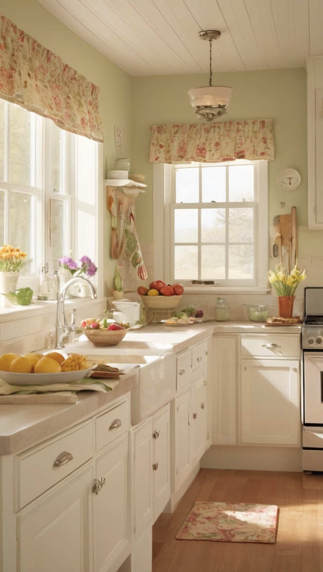 serene kitchen design, rustic farmhouse decor, charming country kitchen, modern cottage style, vintage kitchen accessories