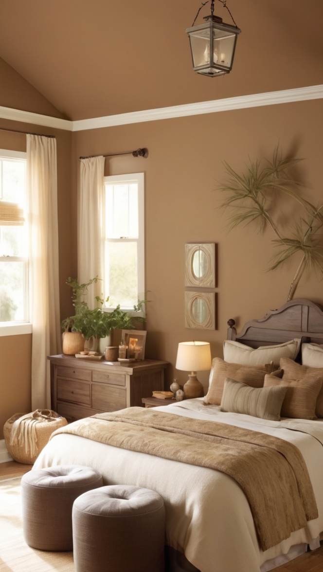earth tone bedroom, natural bedroom decor, rustic bedroom design, organic bedroom furniture, serene bedroom ambiance