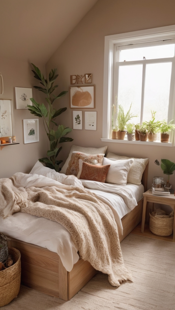 earth tone bedroom, natural bedroom decor, rustic bedroom design, organic bedroom furniture, serene bedroom ambiance