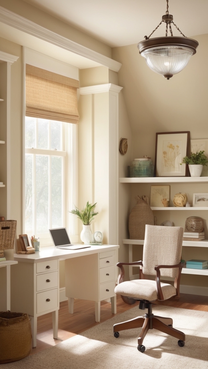 cozy home office decor, neutral office design, modern office space, minimalist home office, stylish workspace