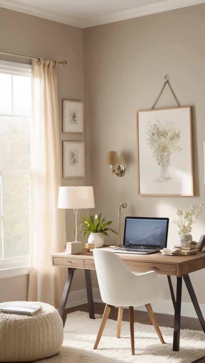 cozy home office decor, neutral office design, modern office space, minimalist home office, stylish workspace